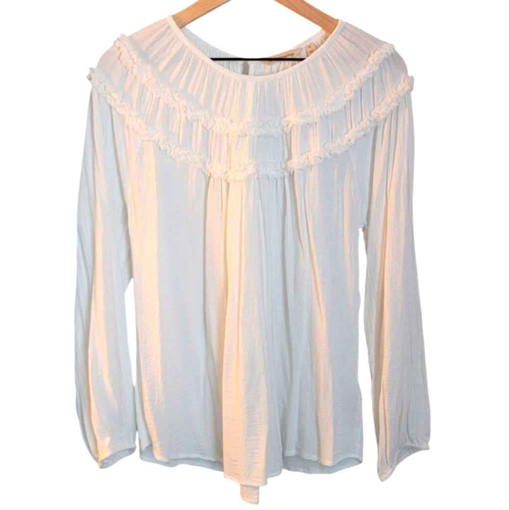 Soft Surroundings White 100% Rayon‎ Ruffle Crew Neck Long Sleeve Blouse Top M